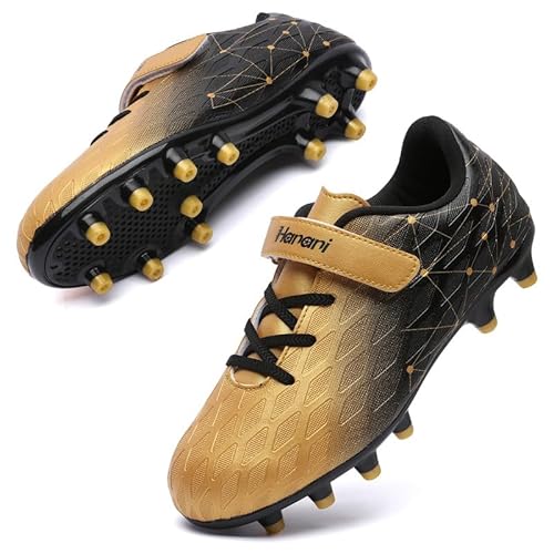 Fußballschuhe Kinder FG/AG Fussballschuhe Footballschuhe Jungen Mädchen Kids Kunstrasen Trainingsschuhe Soccer Schuhe Sportschueh Teens draußen Hallenfußball Indoor Outdoor Unisex Schwarzes Gold EU34