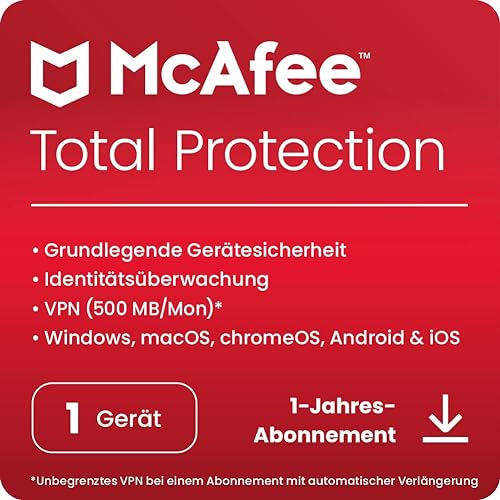 McAfee Total Protection 2023 | 1 Gerät | Virenschutz- und Internet-Sicherheitssoftware | inkl. VPN, Kennwort-Manager und Dark Web-Überwachung | 1-Jahres-Abonnement | Download-Code