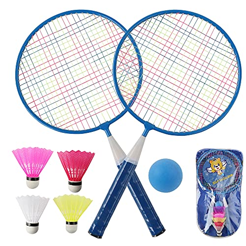 Badminton-Set für Kinder, 1 Paar Badmintonschläger-Set, leicht, für Kinder, Badmintonschläger mit 2 Badmintonschlägern, 4 Federbällen, 1 Schwammball für Indoor Outdoor mit Tragetasche (blau)