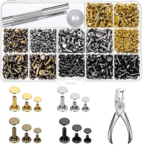 ZKSMNB Nieten, 480 Sets + Ledernieten Metallnieten Set mit 3 Werkzeugen und 1 Nietzangen, 3 Größen Doppelkopf Rohrnieten, Lederverarbeitungszubehör für DIY Kleidung und Lederhandwerk (4 Farben)