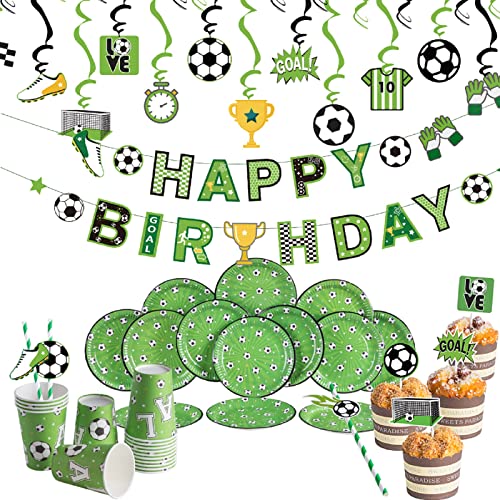 SUNBEAUTY Fussball Geburtstag Partygeschirr Happy Birthday Banner 16 Pappbecher, 16 Pappteller, 20 Strohhalme, 24 Cake Toppers, 24 Spiralen Kindergeburtstag Partyzubehör Fußball Party Dekoration