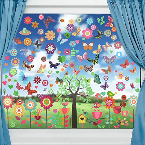 Fensterbilder Frühling Selbstklebend Fensteraufkleber Schmetterlinge Fenstersticker Blumen Fensterdeko Anti-Kollision Deko Fensterfolie Fensterbild für Kinderzimmer Kinder Party Zubehör