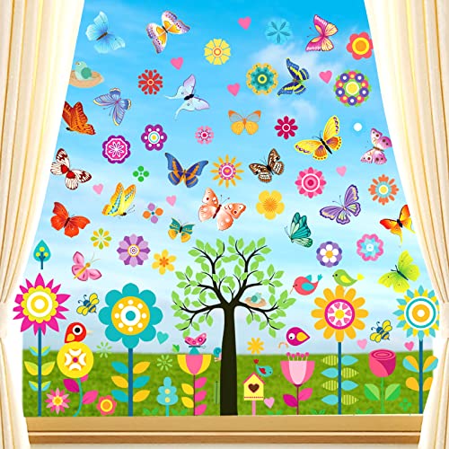 BBLIKE Fensterbilder Frühling 9 Blätter Fenstersticker Frühling Ostern Selbstklebend Schmetterling Blumen Vogel Baum Fensteraufkleber Wiederverwendbare für Fensterdeko Kinderzimmer Party Zubehör