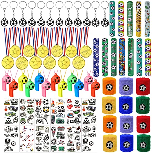 Fußball Party Set für Kinder, Kindermedaillen Kunststoffmedaillen für Kinder, Fußball Slap Bands Glitzer-Tattoo und Handgelenk-Schweißband Als Geschenk für Kinder, Jungen und Mädchen