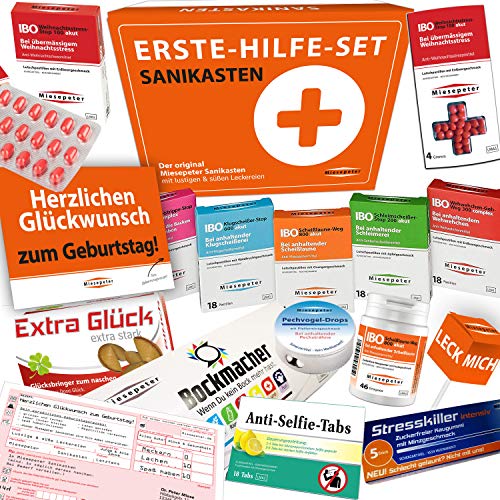 Miesepeter® Sanikasten | ERSTE-HILFE-SET | Geschenkbox, lustiges Geburtstagsgeschenk witziges Geschenkeset | Mit süßen und lustigen Leckereien (Happy Birthday Edition, L)