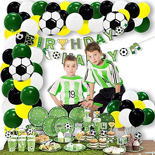 Easy Joy 180 Stück Fußball Thema Partydekorationen Geburtstagsparty Zubehör Set - Luftballon Girlande Kuchendeckel Latexballon Geburtstagsdeko Pappbecher für Kinder Jungen Fußballfans Party
