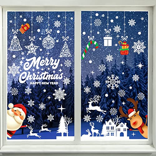 9 Blatt Weihnachten Fensterbilder, Schneeflocken Weihnachten Fensterdeko, Wiederverwendbar PVC Selbstklebend Rentier Weihnachtsmann Aufkleber für Glas Fensterdeko Kinderzimmer