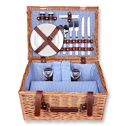 Schramm® Picknickkorb 40x30x20cm rechteckig aus Weidenholz für 2 Personen Picknickkoffer Picknickset Picknick Korb innen blau kariert