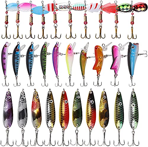 OROOTL Forellenköder Kunstköder Set, 30Stk Angeln Spoon Köder Wobbler Weiche Blinker Angelköder Angelzubehör Set für Hecht Forelle Zander Barsch…