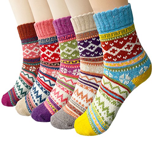 Justay 5 Paar Winter Wolle Damen Socken Thermosocken Frauen Socken Bunte Gemusterte Stricksocken
