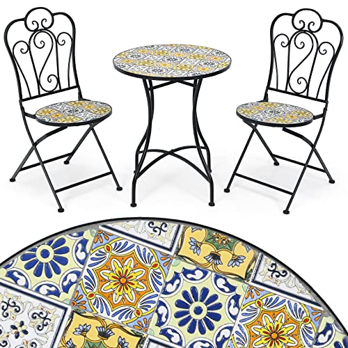 GIANTEX 3 TLG. Bistro Set, Gartengarnitur Mosaiktisch mit 2 Stühlen klappbar, Bistrotisch Set und 2 Klappstühle, Gartenmöbel Sitzgruppe Sitzgarnitur Mosaik, Balkonmöbel Gartenmöbel Set Metallgestell