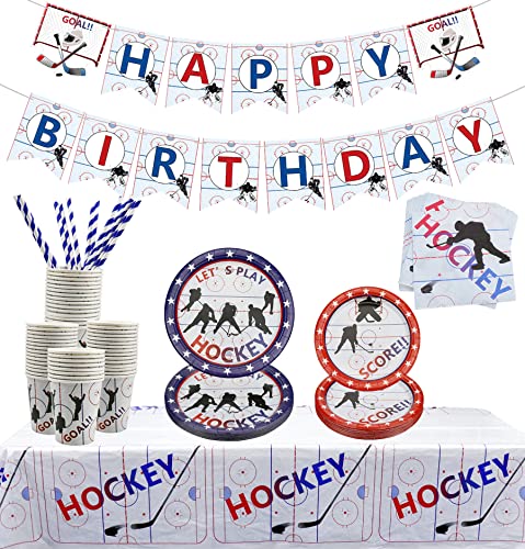 PIXHOTUL Hockey-Party-Zubehör – Eishockey-Motto-Party-Pack für Kinder, Hockey-Fans, Geburtstag, Spieltag – einschließlich Teller, Becher, Servietten, Tischdecke, Banner, für 20 Personen (A)
