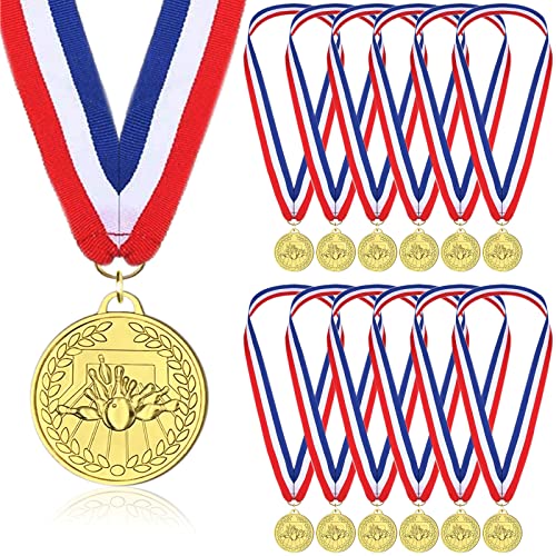 Bowling Medaillen für Kinder, 12 Stück Goldene Metallmedaille mit Dreifarbigem Nylonband, Bowling Party Gefälligkeiten für Jungen Kinder Erwachsene