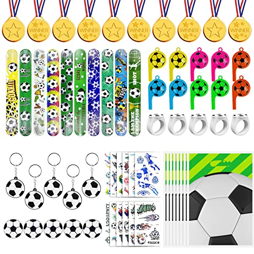 Jsdoin Fußball-Party-Geschenktüten, 65 STÜCKE Fußball-Weltmeisterschaft Fußball-Party-Zubehör mit Fußball-Slap-Bändern, Schlüsselanhängern, Tattoos, Trillerpfeifen, Fußball-Schlüsselanhängern