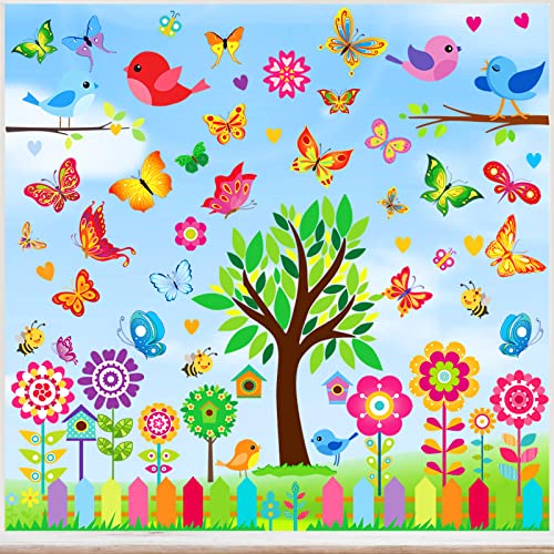 HOOWA Fensterbilder Selbstklebend Fensterbilder Frühling Sommer Schmetterlinge Deko, 9 Blätter Fensterbilder Kinderzimmer Fensterdeko Frühling für Kinderzimmer Party Zubehör