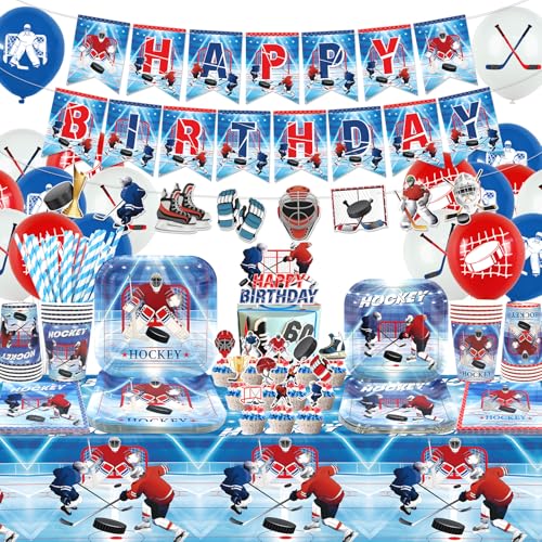 Obussgar Hockey Geburtstag Party Dekorationen - Eishockey Party Zubehör einschließlich Banner, Teller, Kuchen Topper, Tasse, Serviette, Ballon, Tischdecke für Hockey Party Dekoration - serviert 20