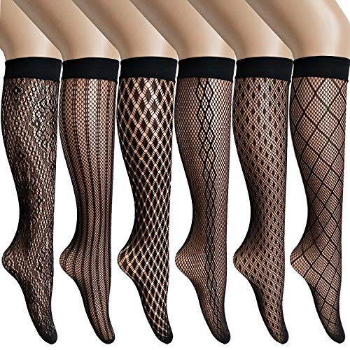 ANDIBEIQI Damen Netzstrumpf Kristall Spitze Socken 6 Paare Knee High Socks Lace Strumpf Spitzensocken Gothic Sommer Schwarz