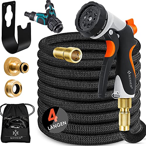 KESSER® Premium Flexibler Gartenschlauch | ausgedehnt |+ Wandhalterung | Wasserschlauch flexibel mit 3-Fach Latexkern | dehnbarer flexiSchlauch | Verschraubungen aus hochwertigem Messing