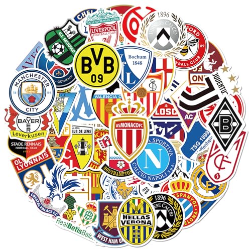 Fußball sticker,50 Stück Fussball Sticker Set Wasserfest Fußball Club logo Aufkleber Graffiti Stickers,Vinyl Sticker für Laptop Skateboard Koffer Helm Auto Fahrrad Handy Auto