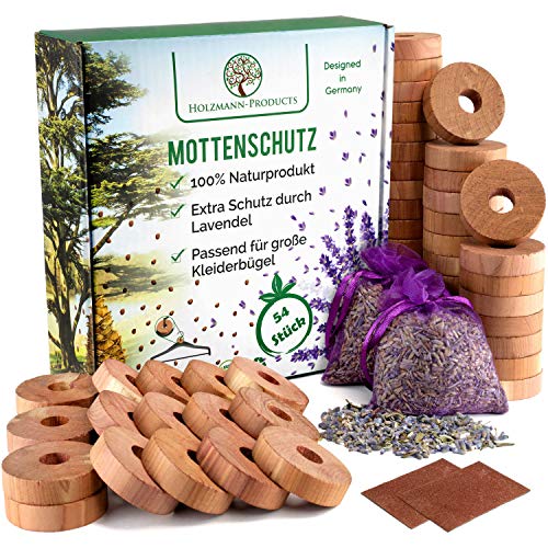 HOLZMANN 54x Zedernholz MOTTENSCHUTZ, Mottenschutz für Kleiderschrank, Für Dicke Kleiderbügel gegen Kleidermotten, ZEDERNHOLZRINGE, Mottenschutz aus Zedernholz, MOTTENABWEHR im Kleiderschrank